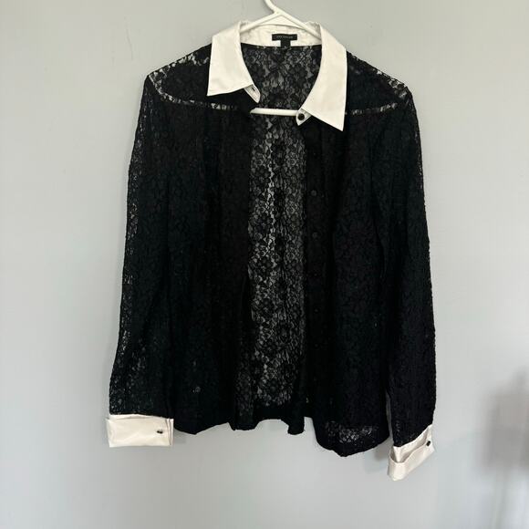 Ann Taylor Black Lace Button Down Top w/ White Accents Size 6 Classic Look - Picture 1 of 9